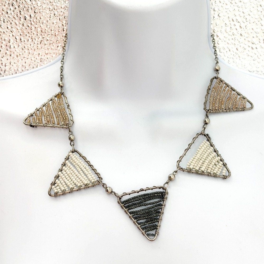 American Eagle Seed Bead Triangle Bib Necklace Silver Tone Geometric Boho